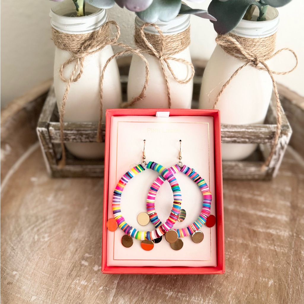 Pink Linen Colorful Beaded Hoop Earrings